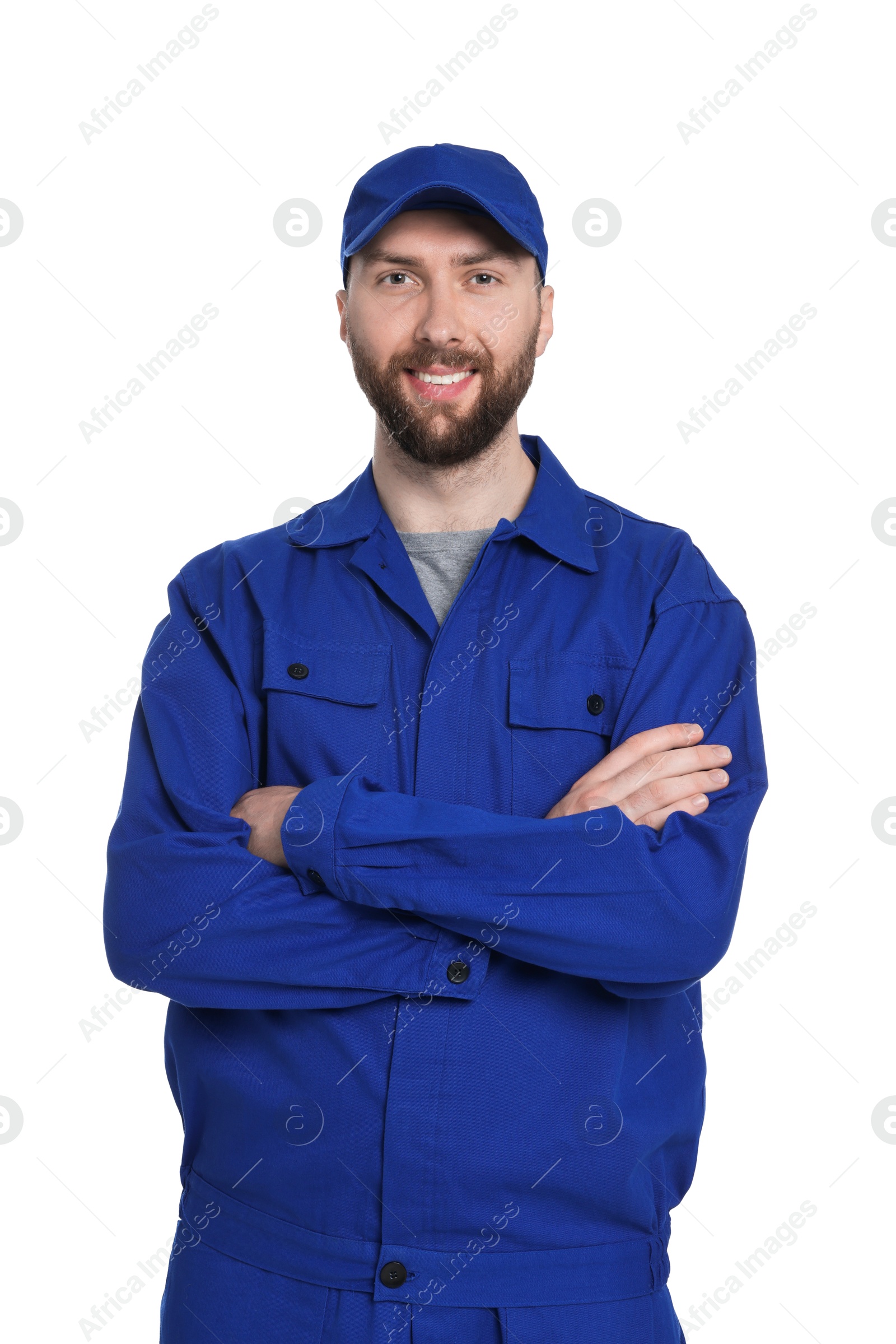 Photo of Professional auto mechanic in blue uniform on white background