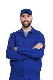 Photo of Professional auto mechanic in blue uniform on white background