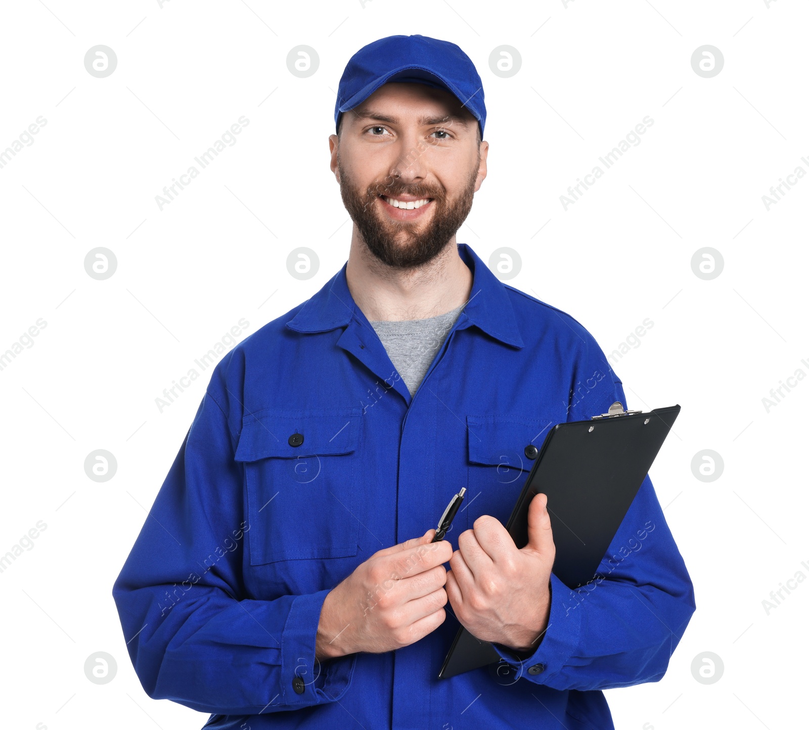 Photo of Professional auto mechanic with clipboard and pen on white background