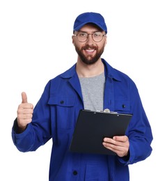 Professional auto mechanic with clipboard showing thumbs up on white background