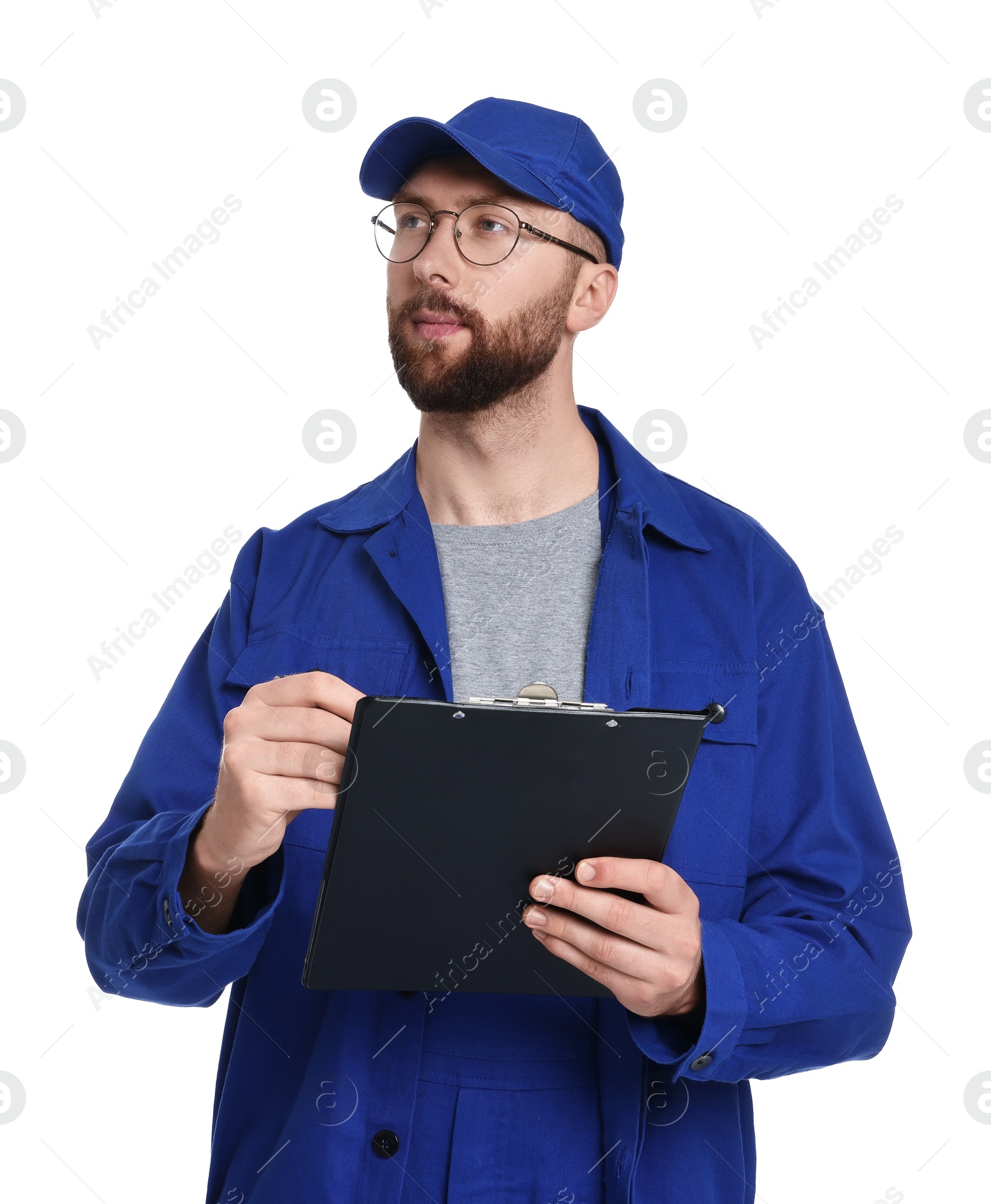 Photo of Professional auto mechanic with clipboard and pen on white background