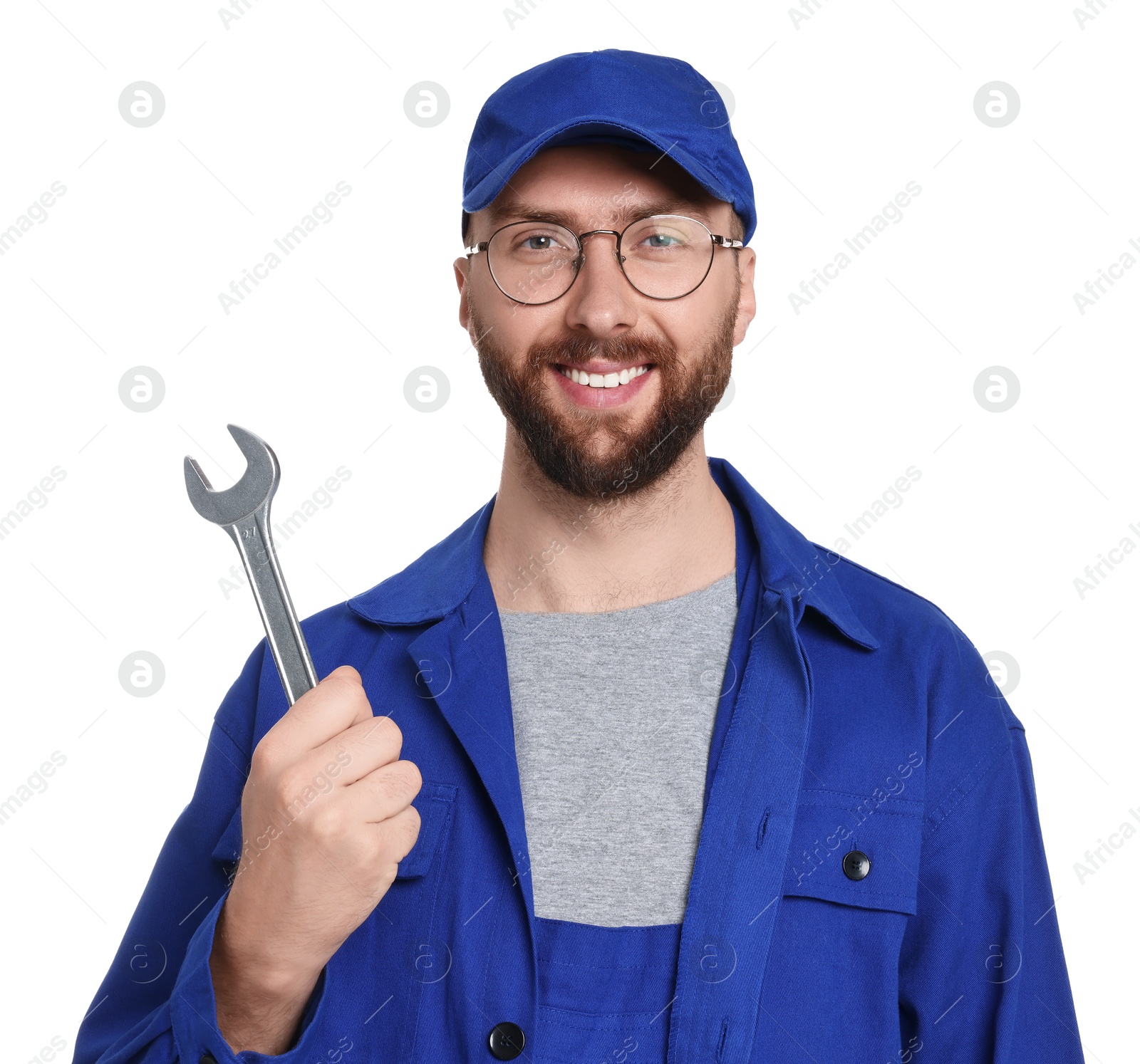 Photo of Professional auto mechanic with wrench on white background