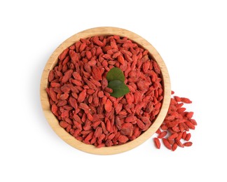 Dried goji berries in bowl isolated on white, top view