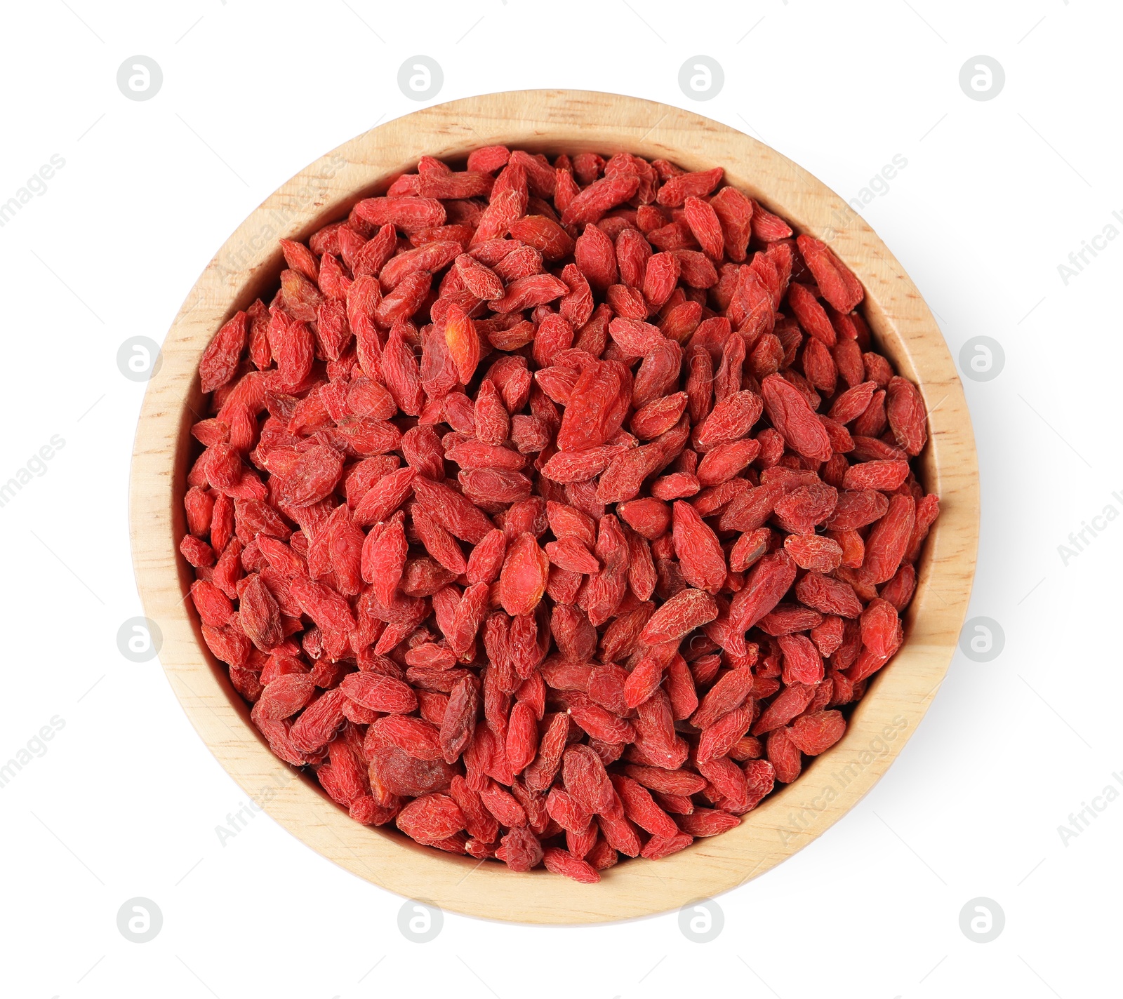 Photo of Dried goji berries in bowl isolated on white, top view