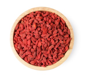 Photo of Dried goji berries in bowl isolated on white, top view