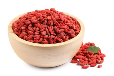 Photo of Dried goji berries in bowl isolated on white