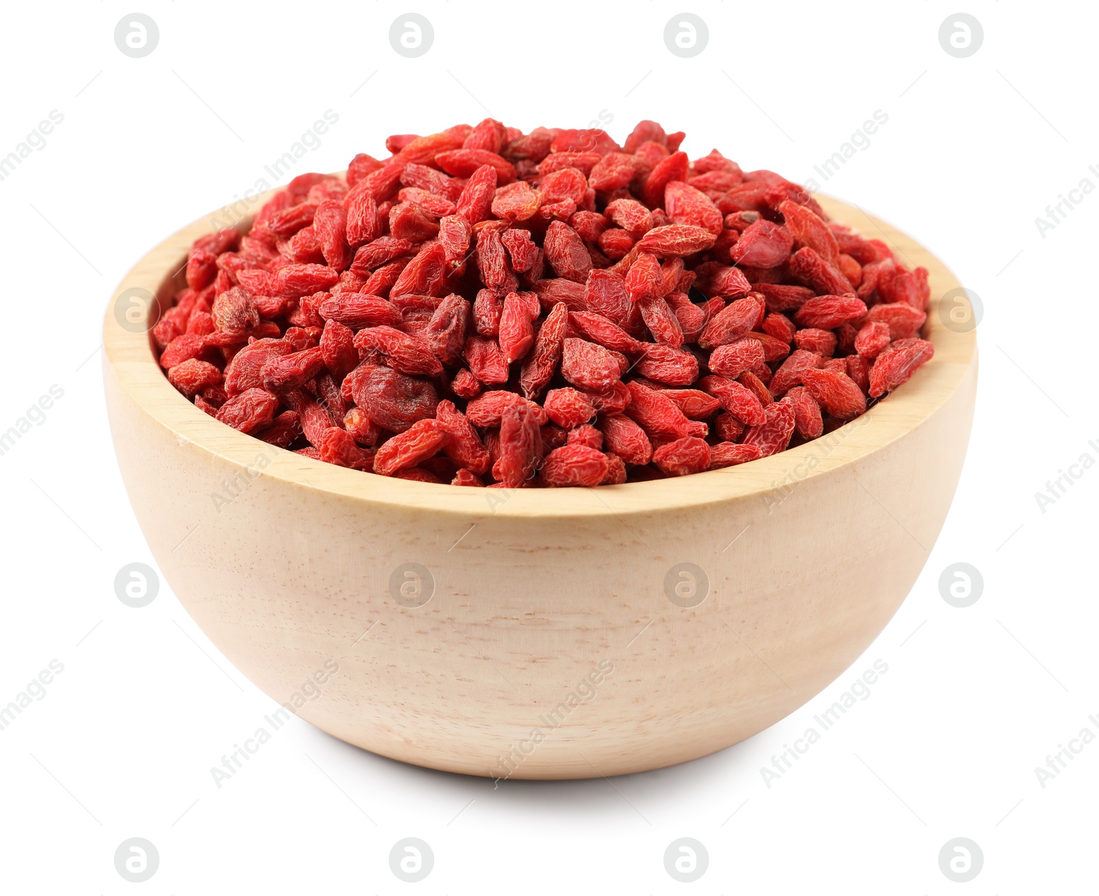 Photo of Dried goji berries in bowl isolated on white