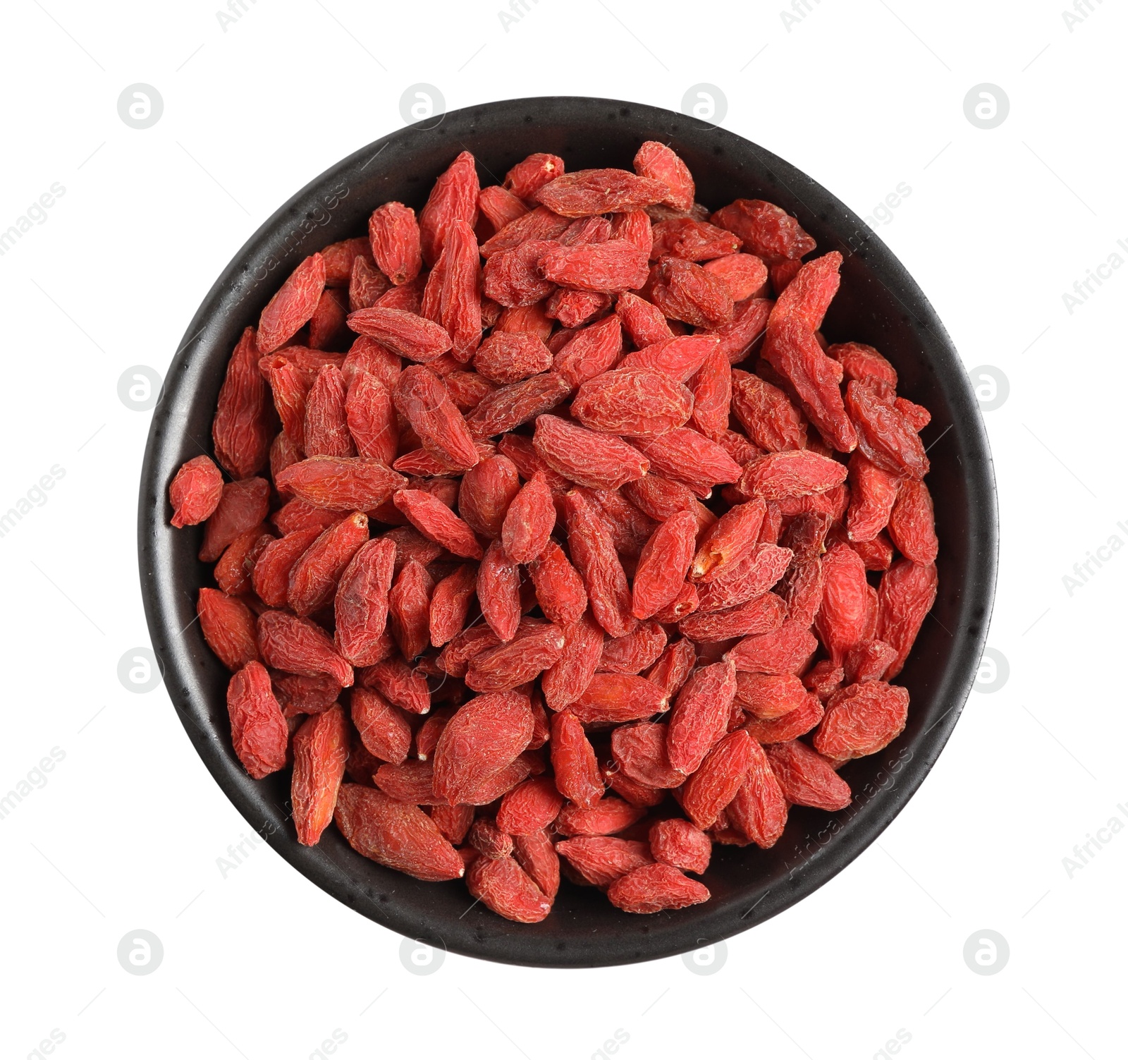 Photo of Dried goji berries in bowl isolated on white, top view