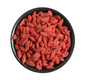 Photo of Dried goji berries in bowl isolated on white, top view