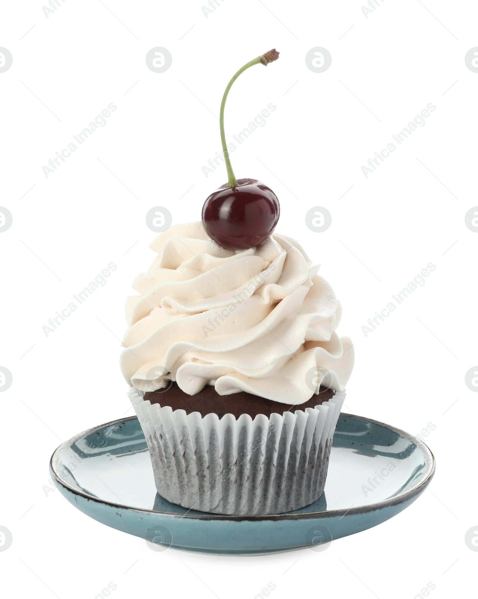 Photo of Delicious cupcake with cream and cherry isolated on white