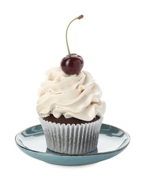 Photo of Delicious cupcake with cream and cherry isolated on white