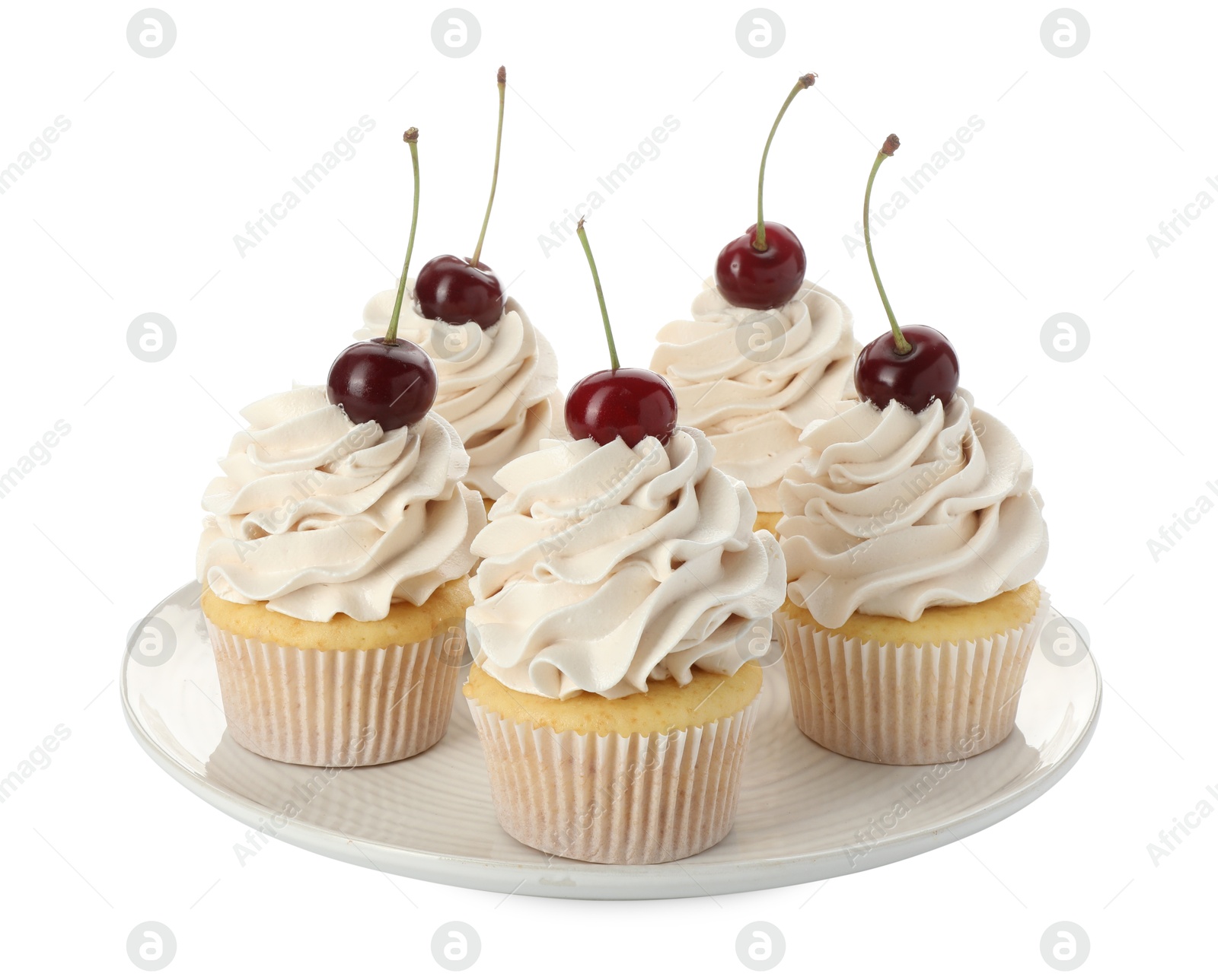 Photo of Delicious cupcakes with cream and cherries isolated on white