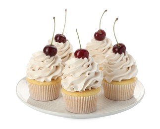 Photo of Delicious cupcakes with cream and cherries isolated on white