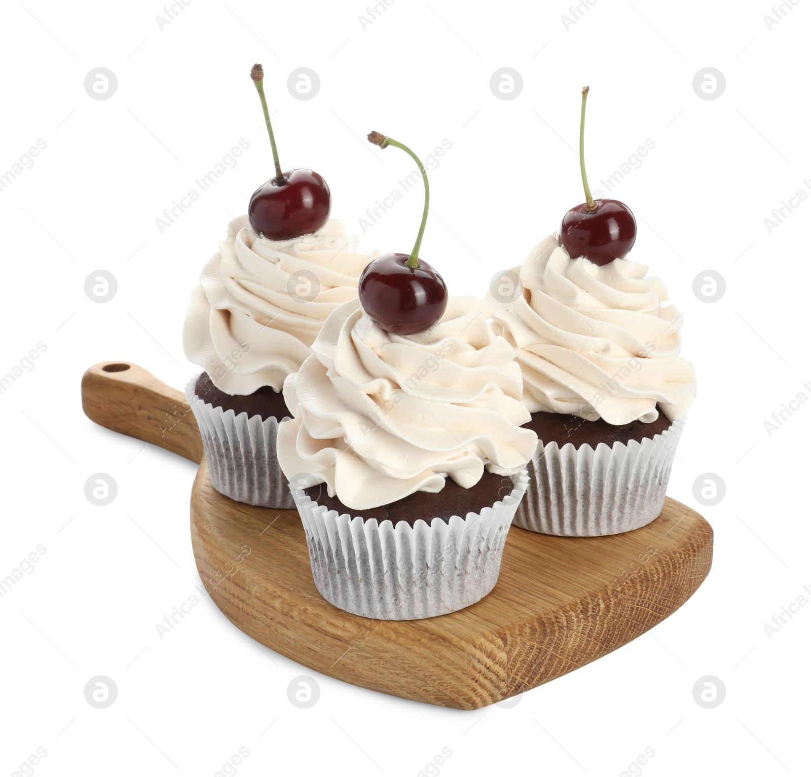 Photo of Delicious cupcakes with cream and cherries isolated on white