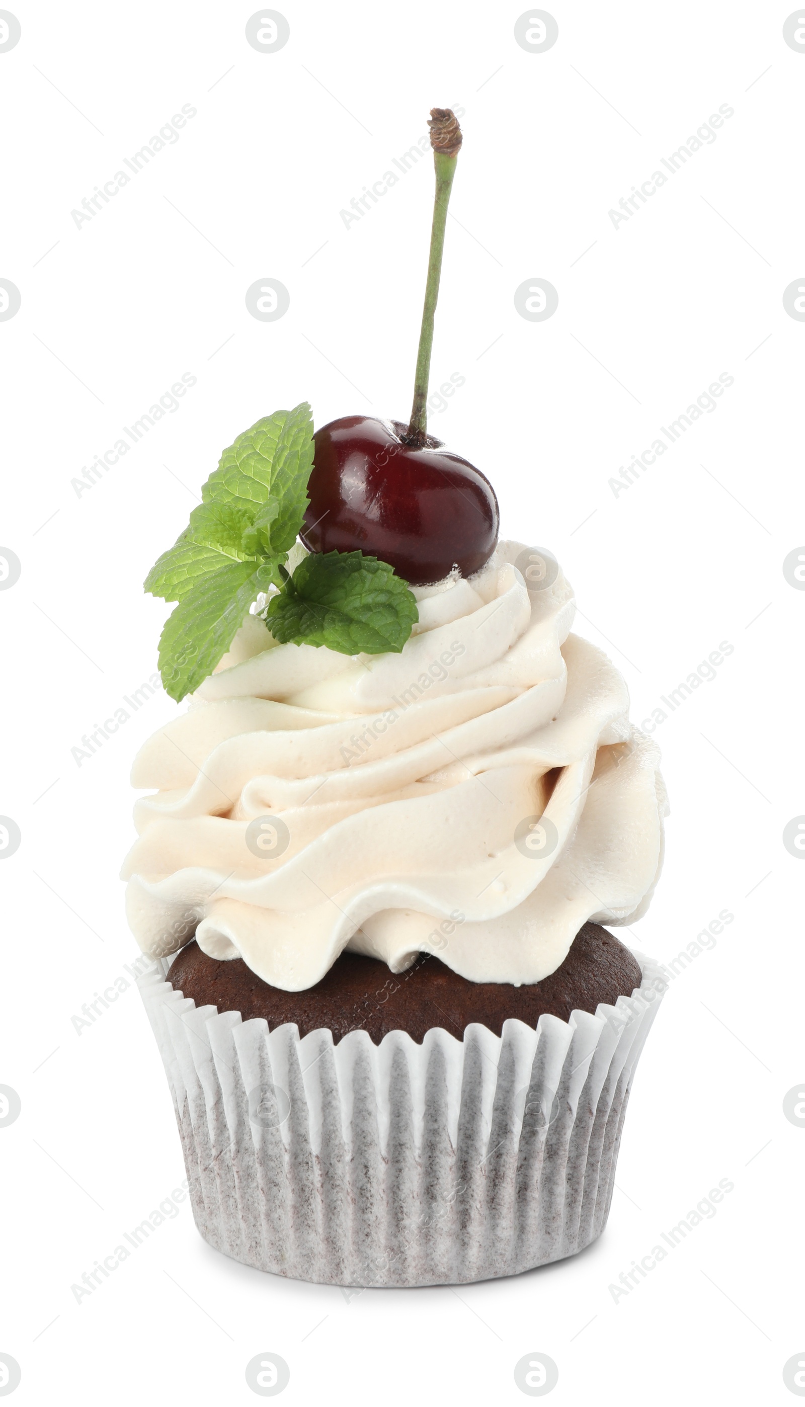 Photo of Delicious cupcake with cream, cherry and mint isolated on white