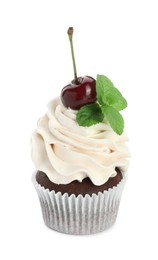 Photo of Delicious cupcake with cream, cherry and mint isolated on white