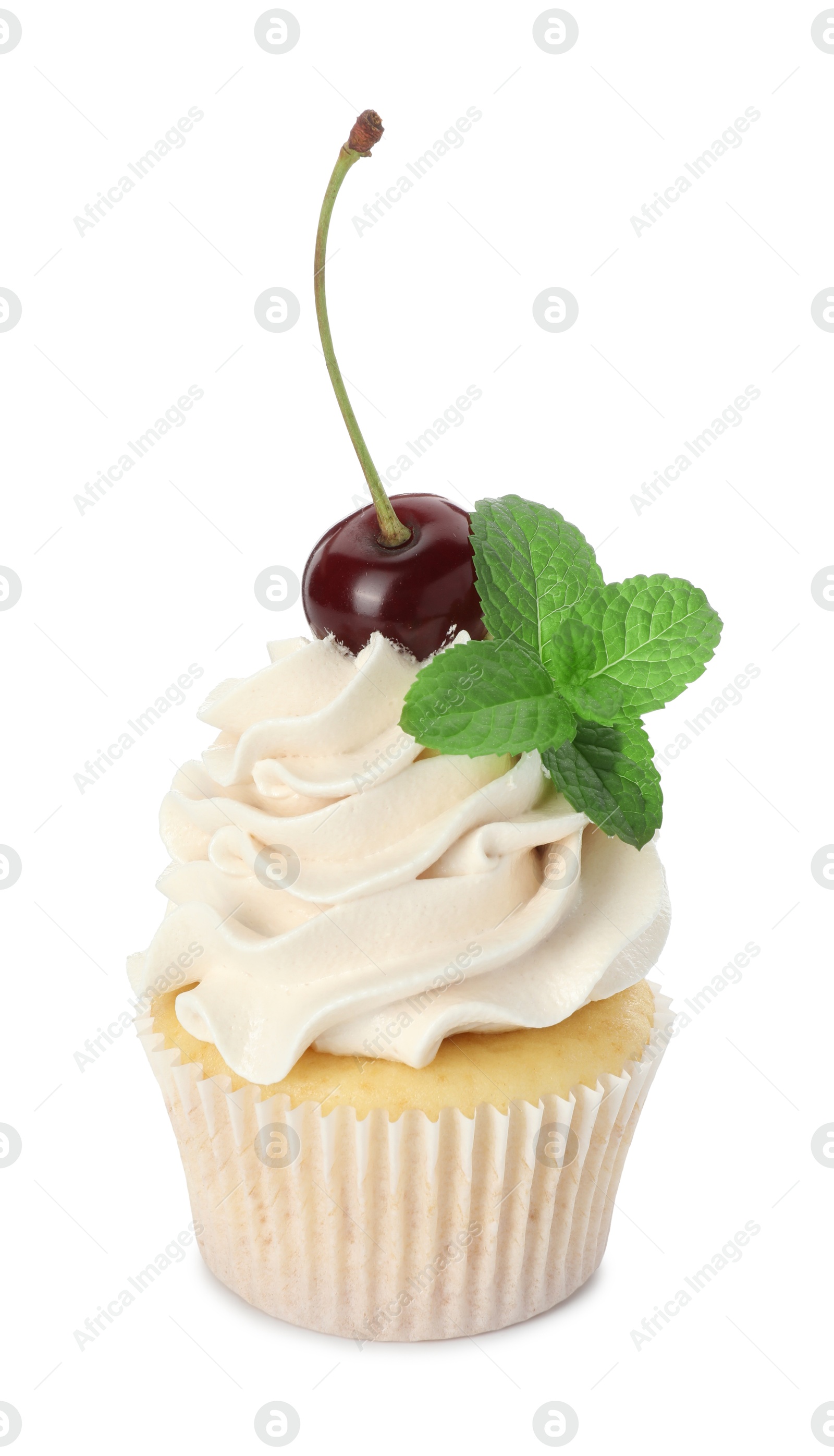 Photo of Delicious cupcake with cream, cherry and mint isolated on white