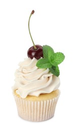 Delicious cupcake with cream, cherry and mint isolated on white