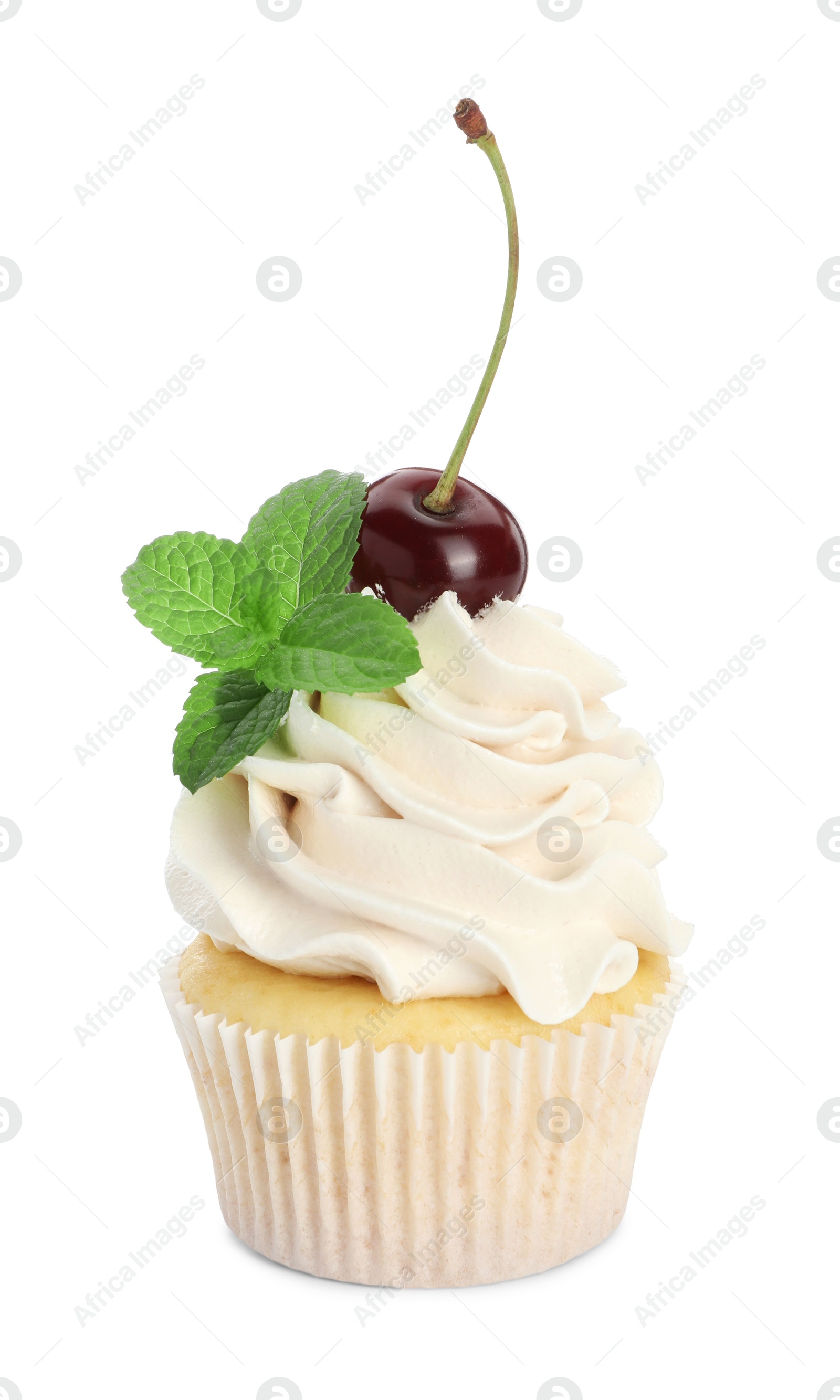 Photo of Delicious cupcake with cream, cherry and mint isolated on white