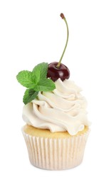 Photo of Delicious cupcake with cream, cherry and mint isolated on white