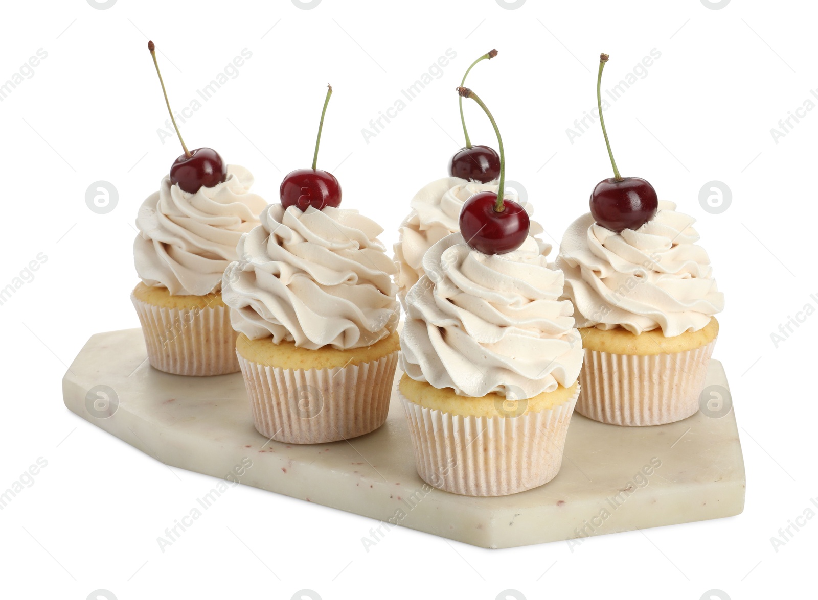 Photo of Delicious cupcakes with cream and cherries isolated on white