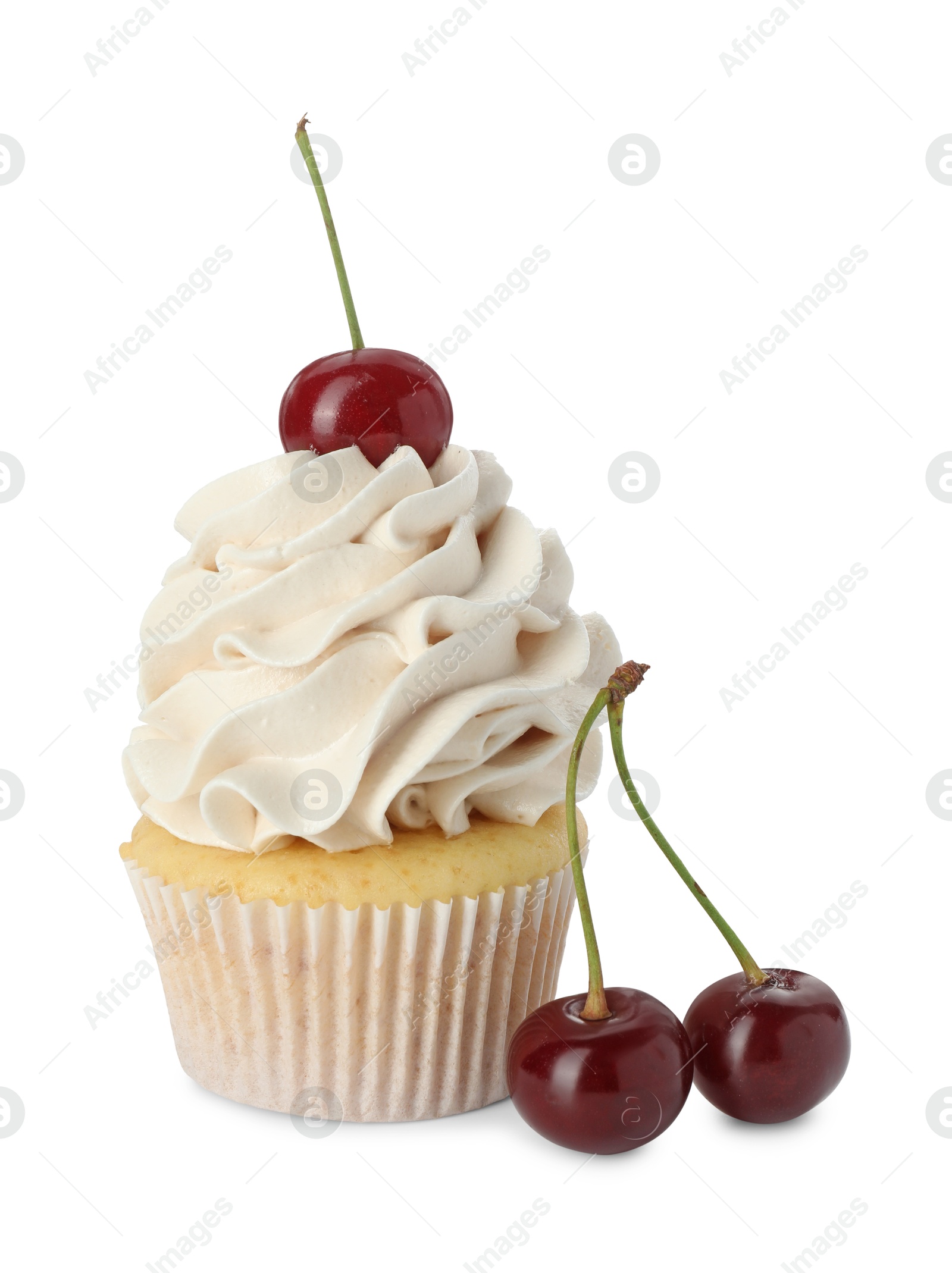 Photo of Delicious cupcake with cream and cherries isolated on white