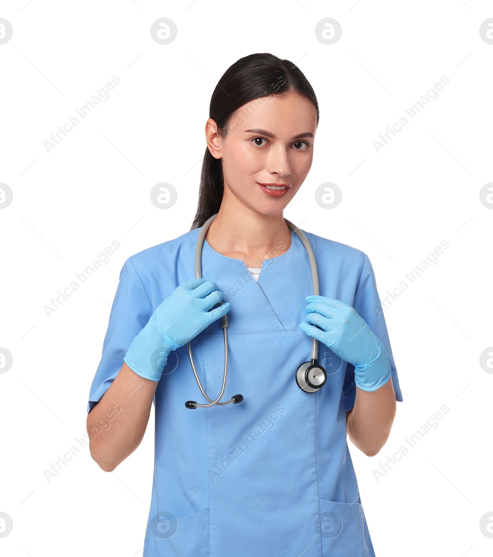 Photo of Portrait of smiling nurse on white background