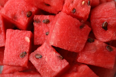 Photo of Pieces of tasty watermelon as background, top view