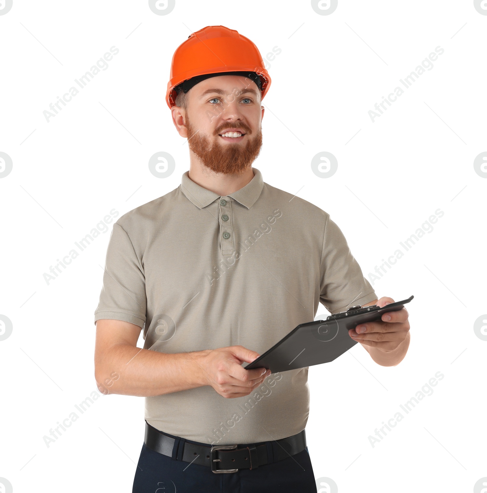 Photo of Engineer in hard hat with clipboard on white background