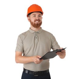 Engineer in hard hat with clipboard on white background