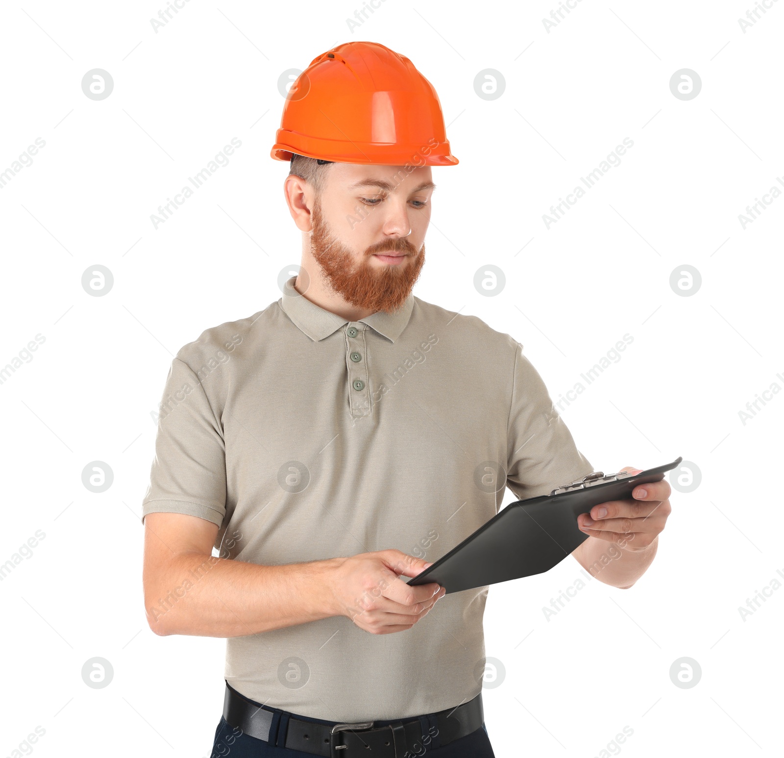 Photo of Engineer in hard hat with clipboard on white background