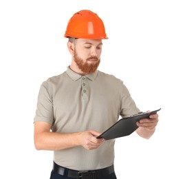 Photo of Engineer in hard hat with clipboard on white background