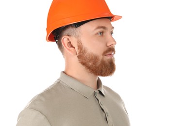 Photo of Engineer in hard hat on white background