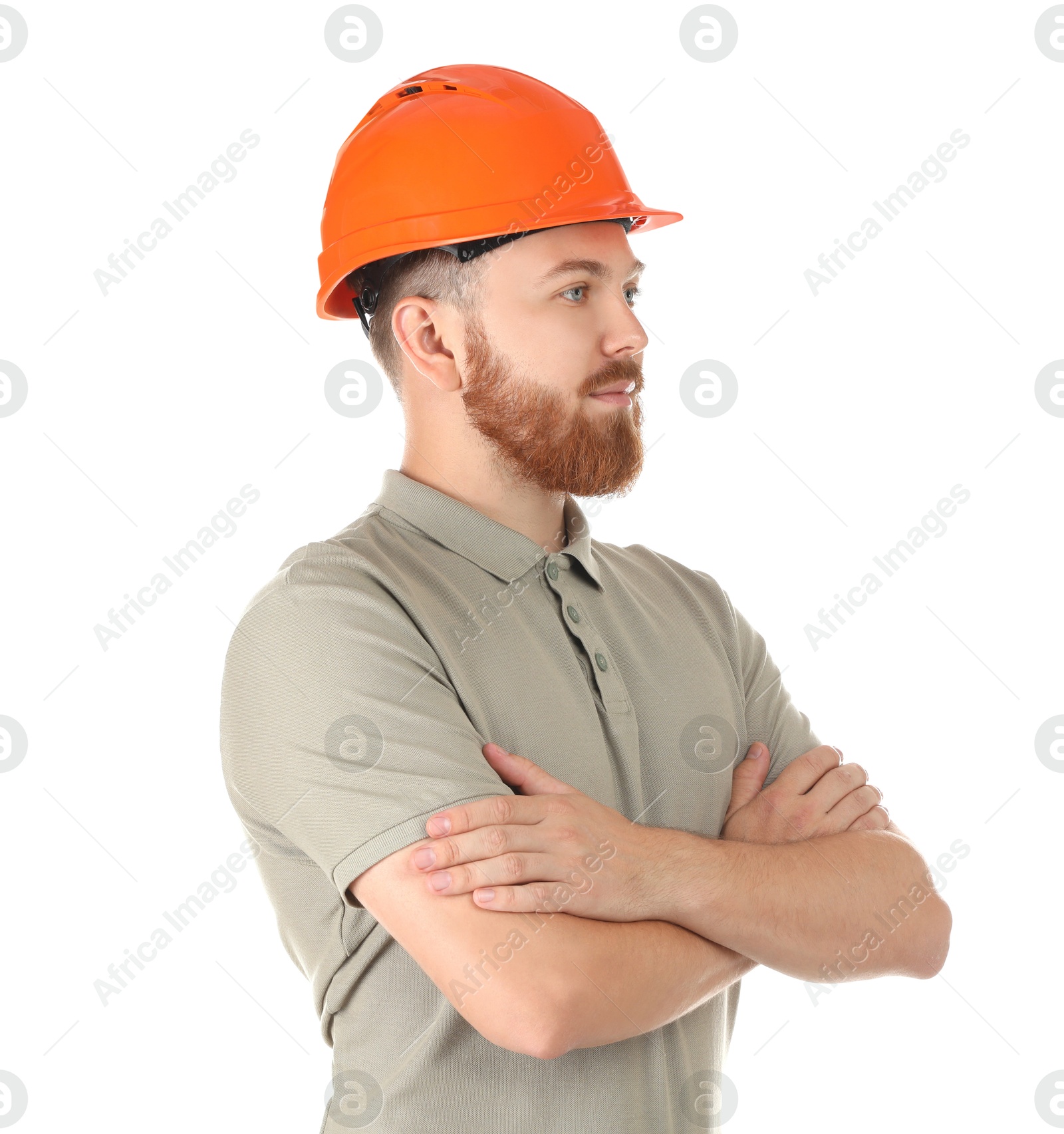 Photo of Engineer in hard hat on white background