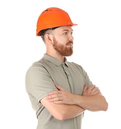 Photo of Engineer in hard hat on white background