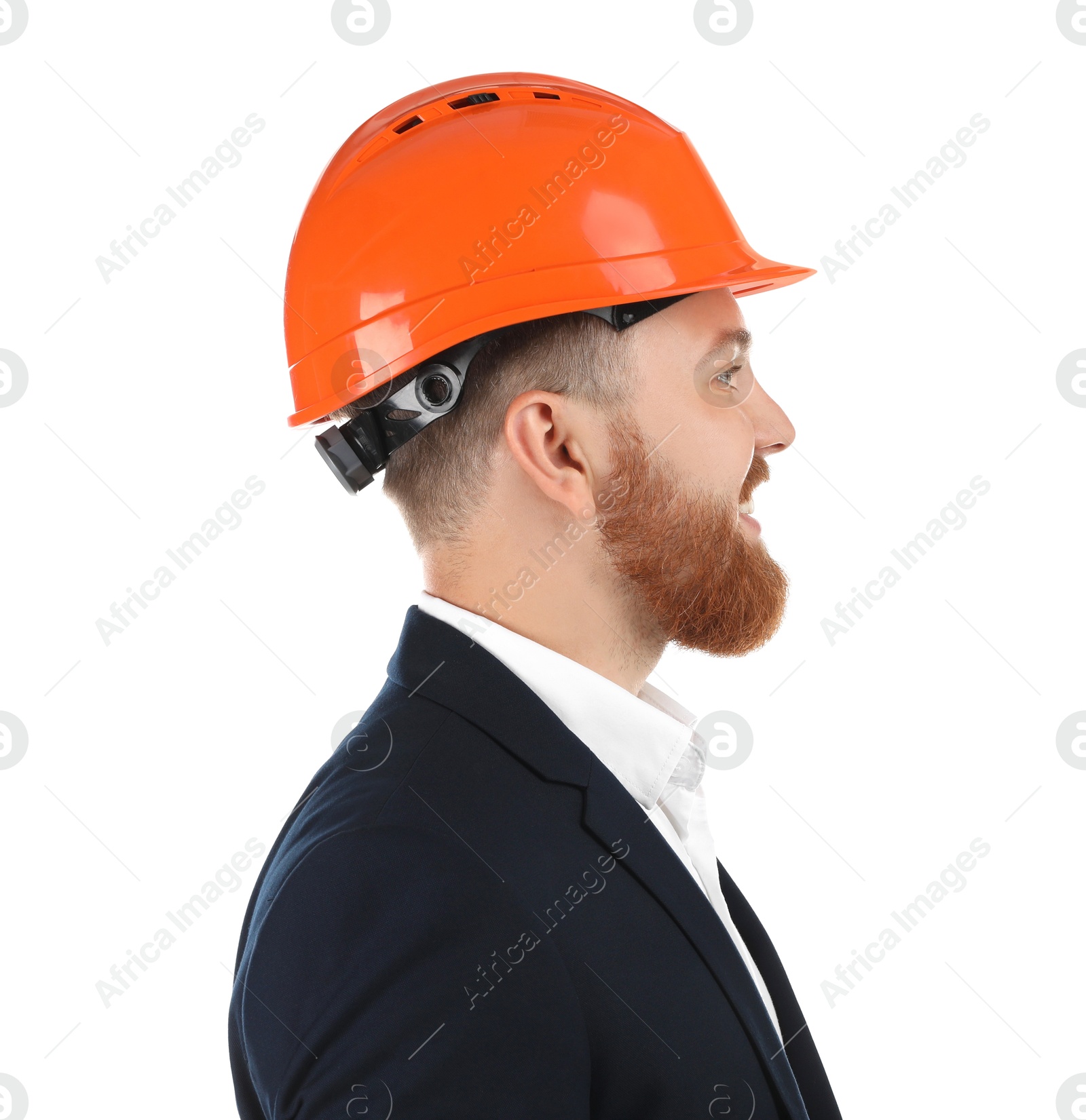 Photo of Engineer in hard hat on white background