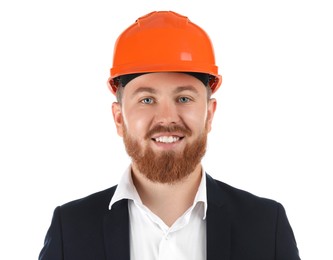 Photo of Engineer in hard hat on white background