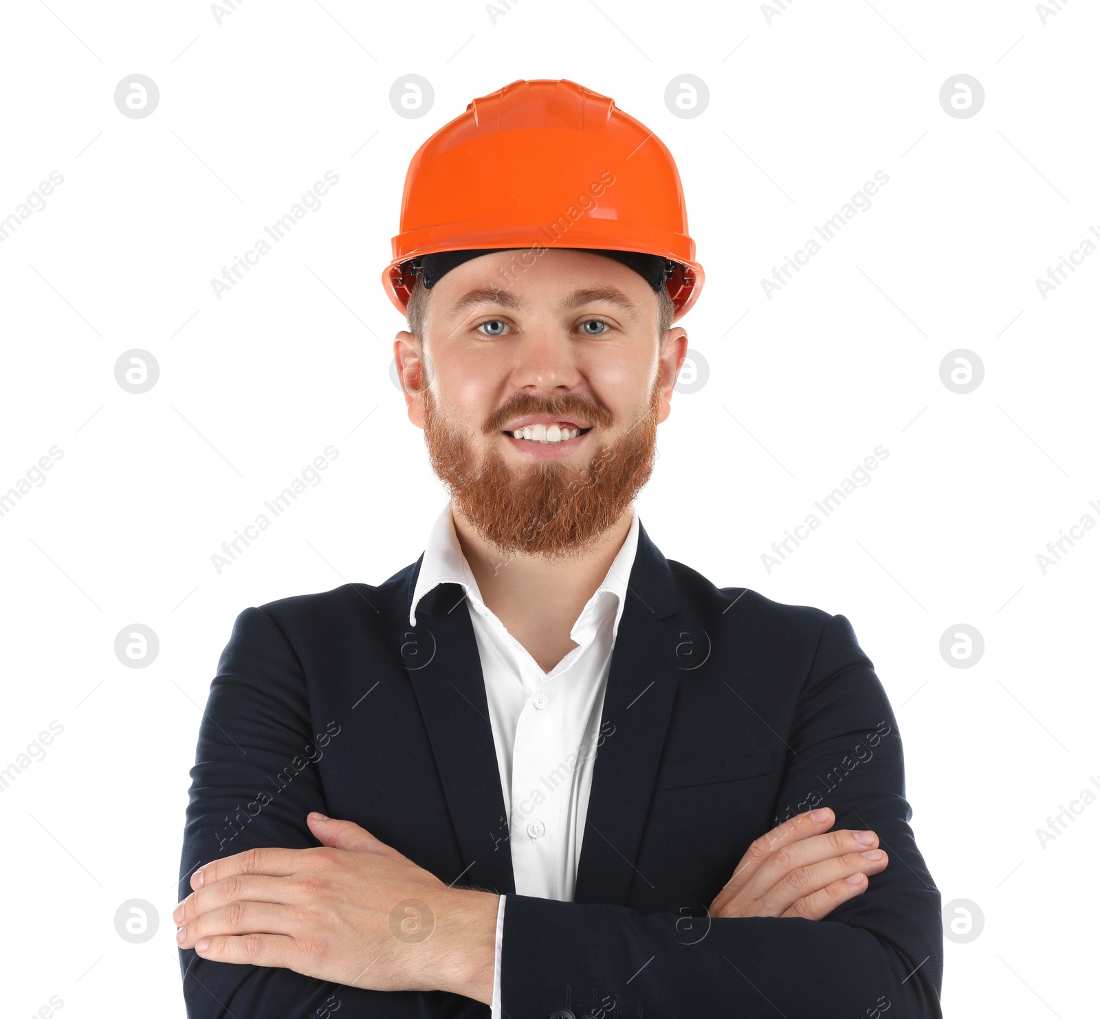 Photo of Engineer in hard hat on white background