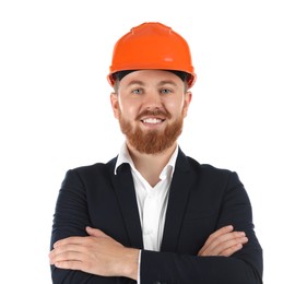 Engineer in hard hat on white background