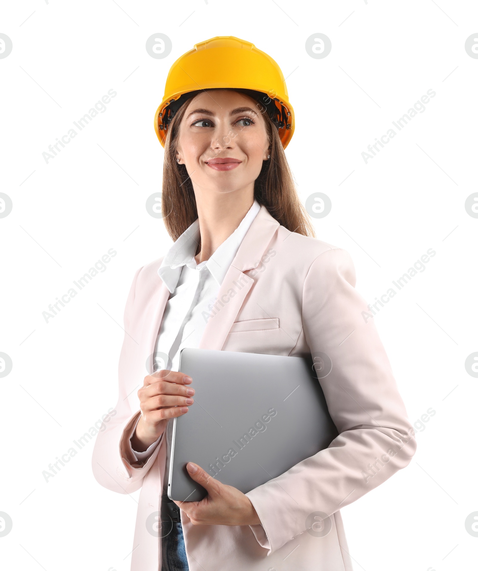 Photo of Engineer in hard hat with laptop on white background