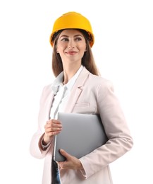 Photo of Engineer in hard hat with laptop on white background