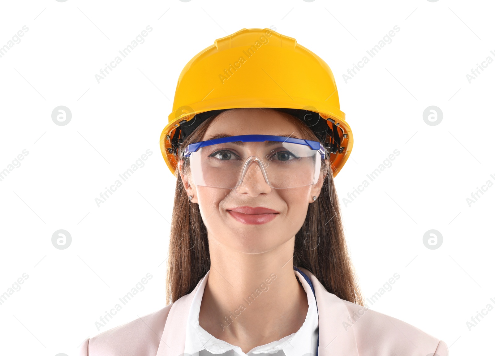 Photo of Engineer in hard hat and goggles on white background