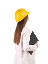 Engineer in hard hat with clipboard on white background