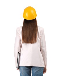Photo of Engineer in hard hat with clipboard on white background, back view