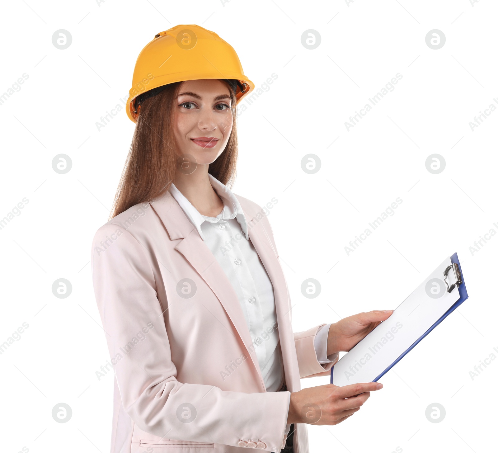 Photo of Engineer in hard hat with clipboard on white background