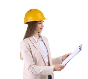 Photo of Engineer in hard hat with clipboard on white background