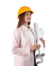 Photo of Engineer in hard hat with drafts on white background