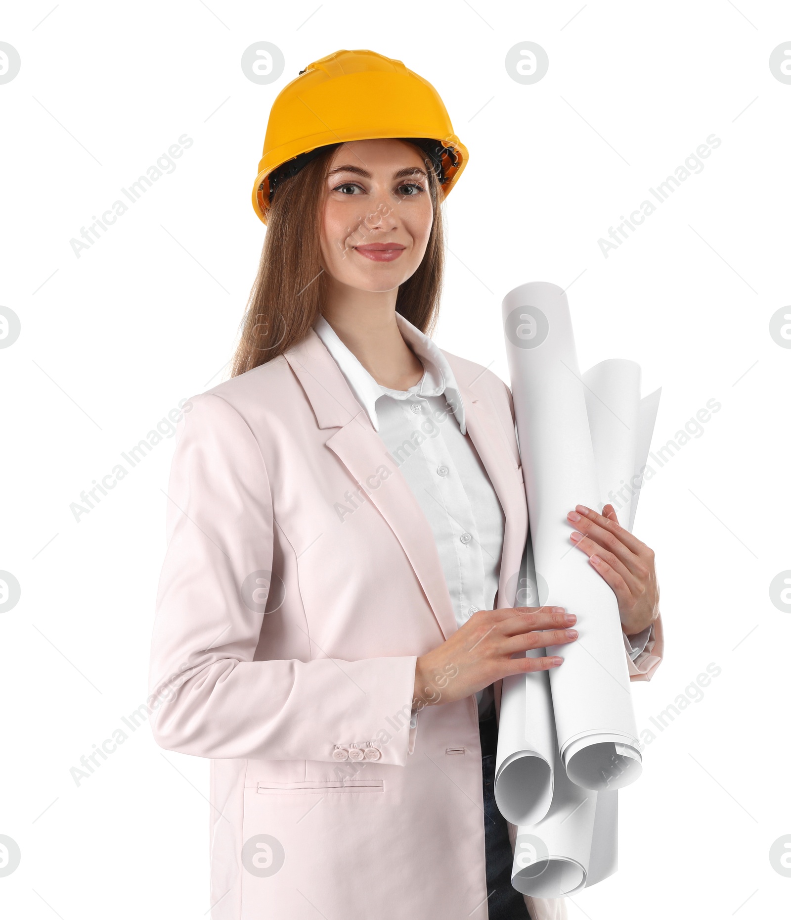 Photo of Engineer in hard hat with drafts on white background