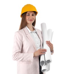 Engineer in hard hat with drafts on white background