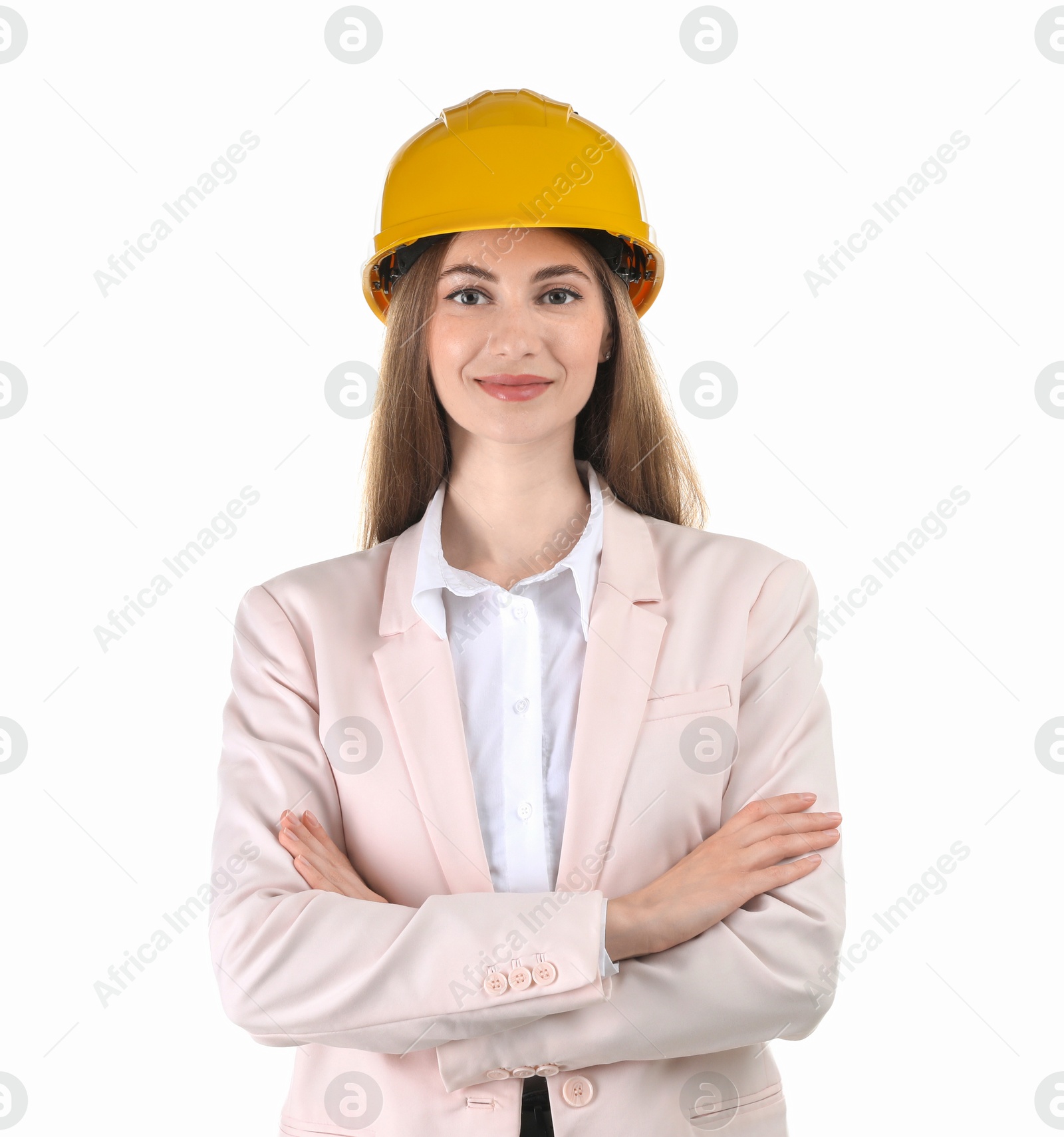 Photo of Engineer in hard hat on white background